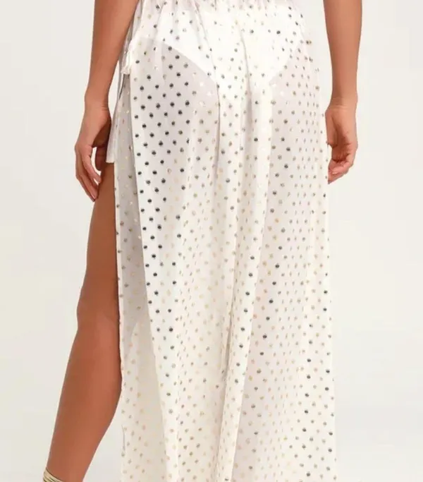 Lulus White Gold Polka Dot Cover Up Maxi Skirt Size S NWT - Image 2