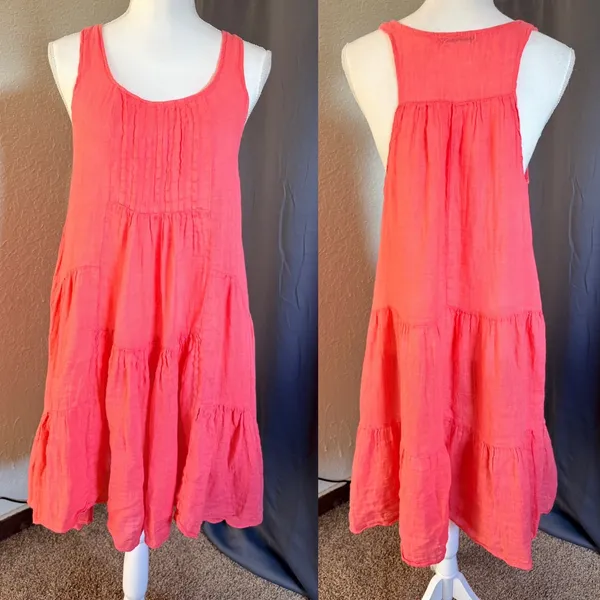 Tempo Paris Lagenlook Dress Womens XL Pink Linen Tiered Sleeveless Made Italy - Image 3