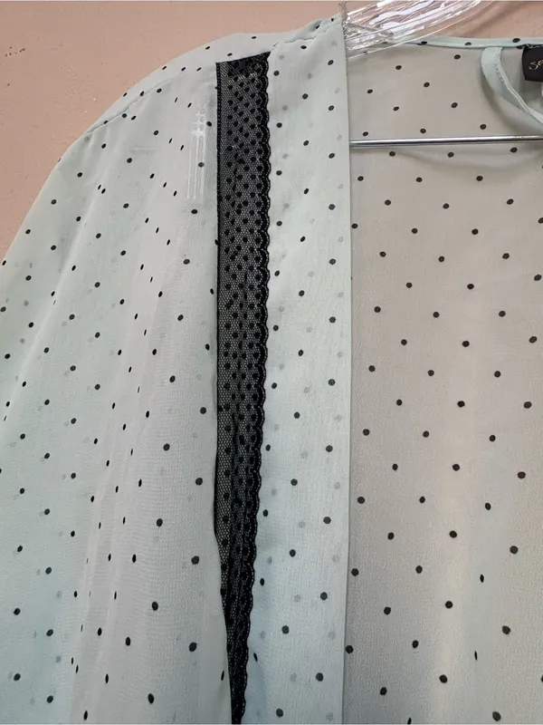 Sheer Polka Dot Tie Front Robe Medium Black Trim Vintage Style - Image 3