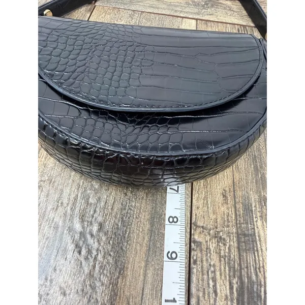 MNG Mango Black Crocodile Embossed Half Moon Shoulder Bag Gold Hardware - Image 6