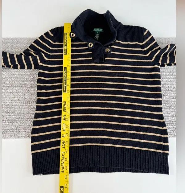 Lauren Ralph Lauren Black Gold Striped Mockneck Cotton Sweater Metallic Medium - Image 8