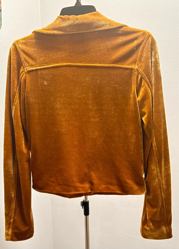 Forever 21 Velvet Moto Jacket Mustard Marigold Cropped Biker Size Small - Image 3