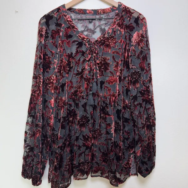 Shyanne Women Velvet Burnout Blouse Top XL Burgundy Floral Paisley Lace Up Sheer - Image 3