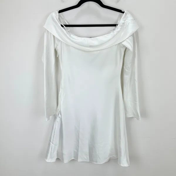 Lulus Luxurious Vision White Satin Off-the-Shoulder Mini Dress Party Medium NWT - Image 11