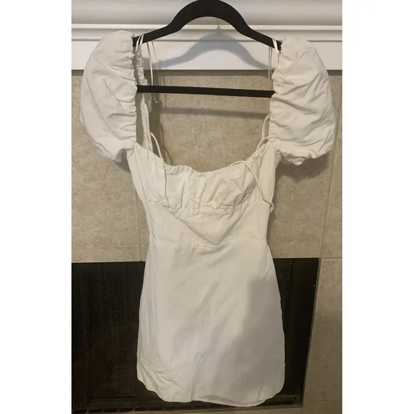 Zara Linen blend short dress puff Sleeve lace up white Size S Linen, Viscose - Image 4
