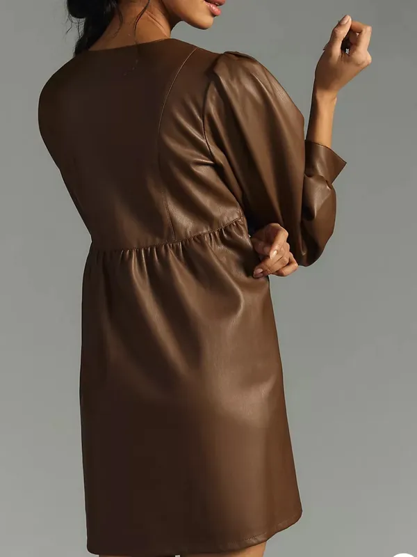 Anthropologie Deep-V Faux Leather Babydoll Dress Size XL - Image 8