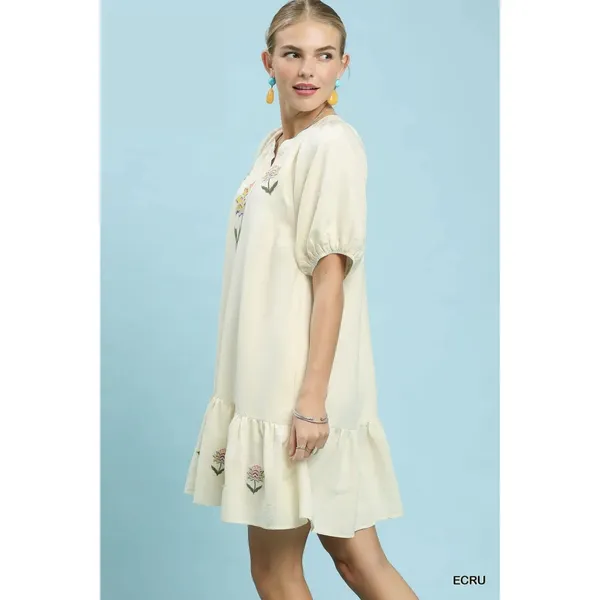 Umgee Embroidered Floral Babydoll Dress - ECRU - Medium - Image 2
