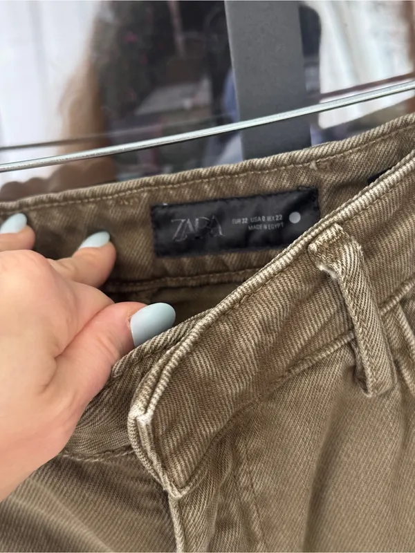 Zara barrel leg jeans pants high rise baggy olive green denim pockets cargo - Image 2