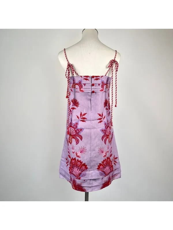 NWOT Linen Floral Tie Spaghetti Strap Pleated Layered Mini Dress Purple Size M - Image 5