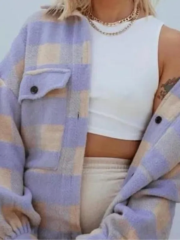 Checked Shacket Jacket in Lavender & Cream Purple - Image 2