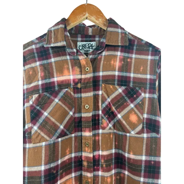 ONE 24 RAGS Distressed Bleached Plaid Flannel Shirt Women's Small Frayed‎ Hem - Image 2