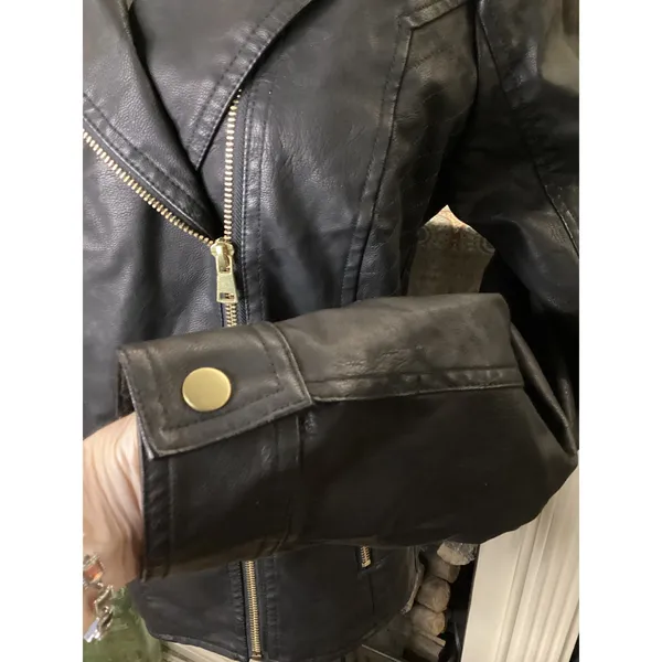 Baccini Womens Black Faux Leather Moto Jacket Gold Zip Biker Large NWT - Image 3