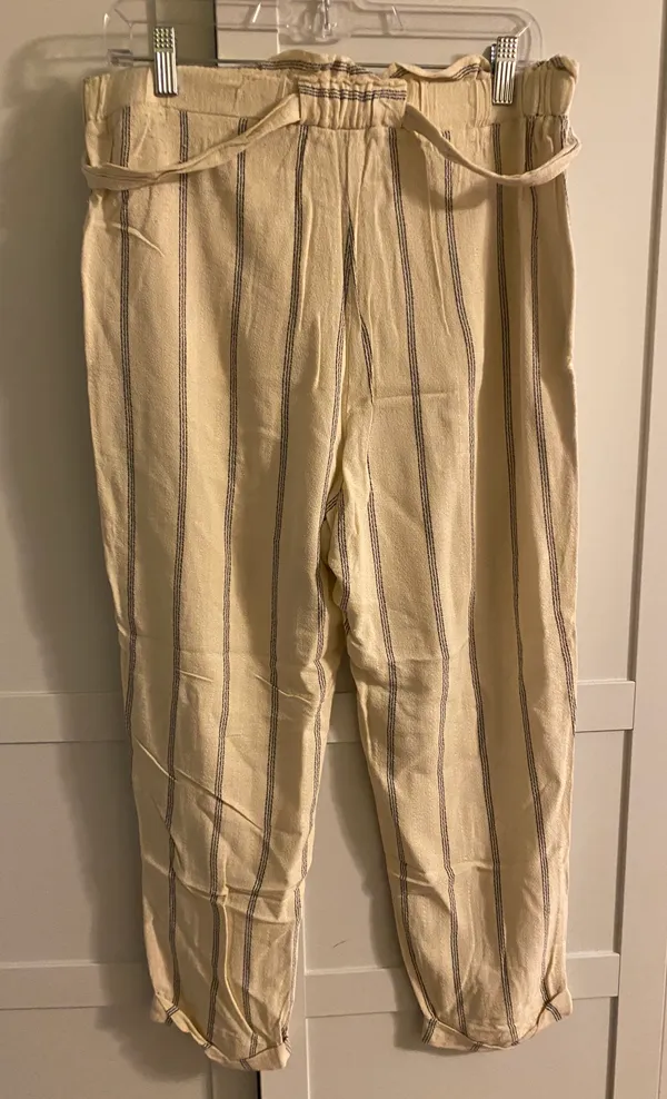 H&M Beige Striped Linen Flowy Tie Pants - Image 3