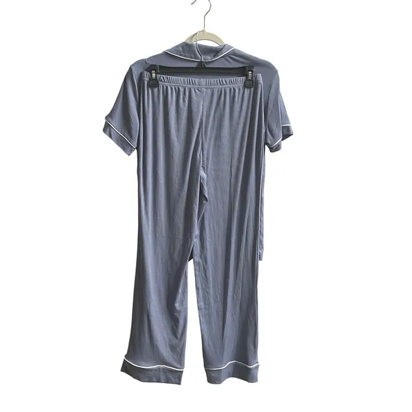 Nicole Miller Pajama Set Womens S Blue Ribbed Knit Short Sleeve Button Front - Image 3
