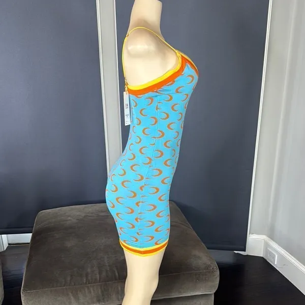 Women’s Blue BodyCon Mini Dress Crescent Pattern Adjustable Straps Size M NWT - Image 3
