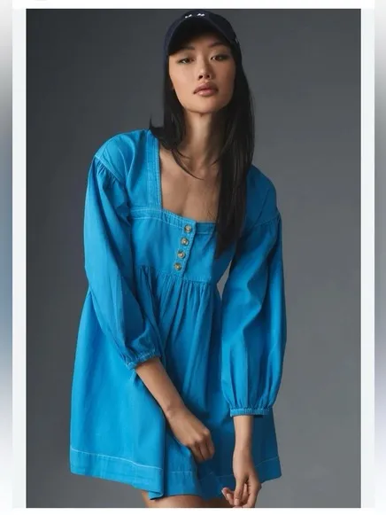 Anthropologie Long-Sleeve Square-Neck Denim Style Babydoll Mini Dress - Image 3