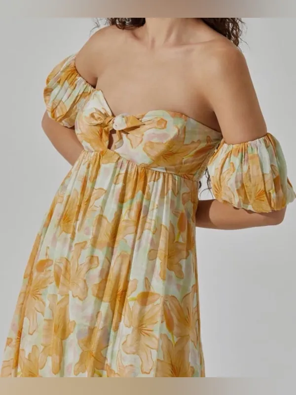 ASTR The Label Floral Off Shoulder Midi Dress Orange Yellow Size M Romantic🌼 - Image 3