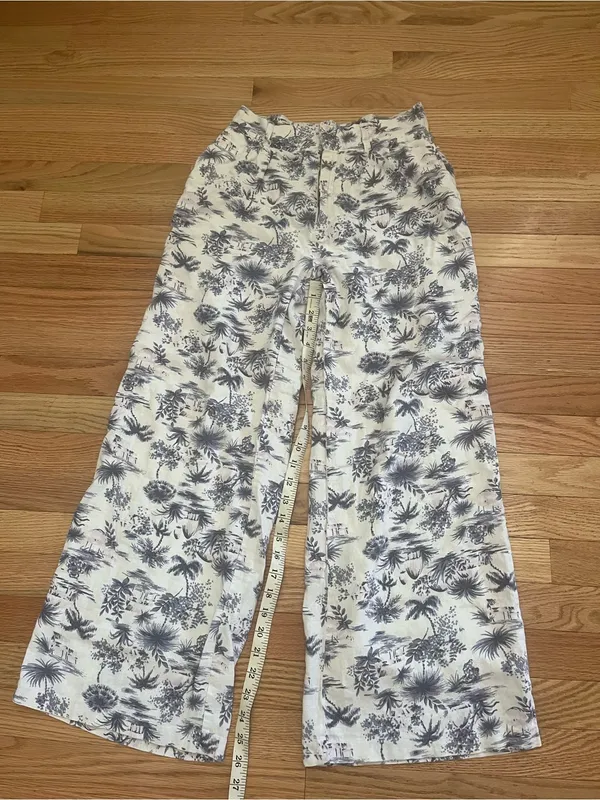 Abercrombie White Blue Tropical Print Linen Wide Leg Pants Small Beach Resort - Image 5