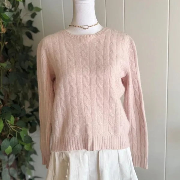 Baby Pink Cable Knit Cashmere Sweater Women's Crewneck Preppy Style - Image 2