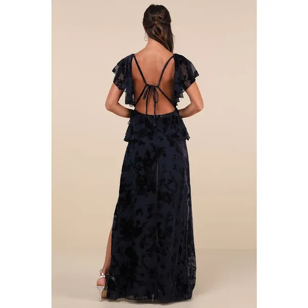 NWT Lulus Romantic Wonder Navy Burnout Velvet Ruffled Tie-Back Maxi Dress Size S - Image 5