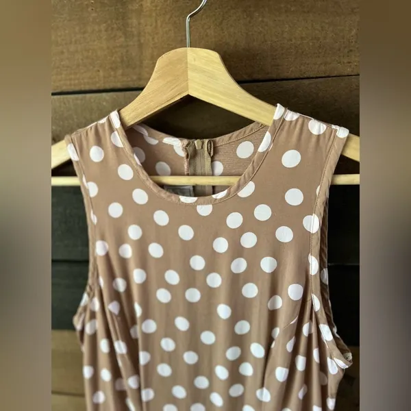 Vintage Paris Sport Club Sleeveless Tan Polka Dot Maxi Dress Made in USA Rayon - Image 5