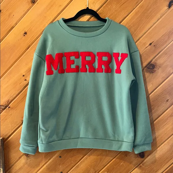 “Merry” holiday/christmas green & red crewneck pullover - Image 2