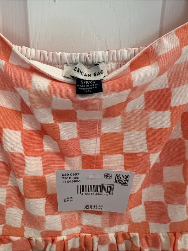 American Eagle Outfitters Coral and White Checkered Ruffle-Strap Romper - Image 5