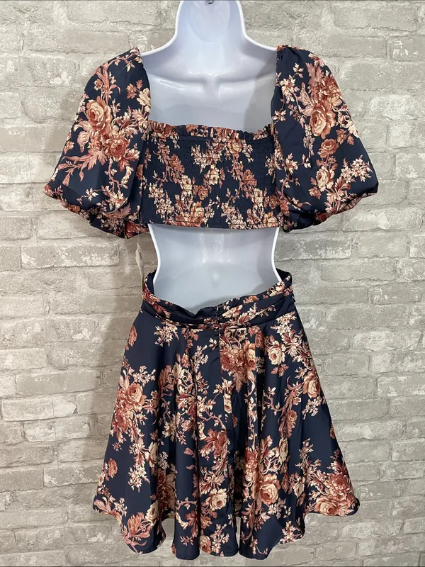 Altar'd State Annmarie Navy/Brown Floral Cutout Dress - Image 3
