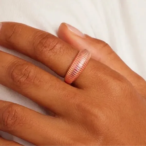 GORJANA 18k Gold Plated Catalina Enamel Ring Gold Pink Striped Boho Chic Size 7 - Image 2