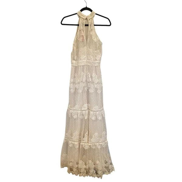 Champagne & Strawberry Tiered Maxi Dress With Crochet Trim & Floral Appliqué - Image 5
