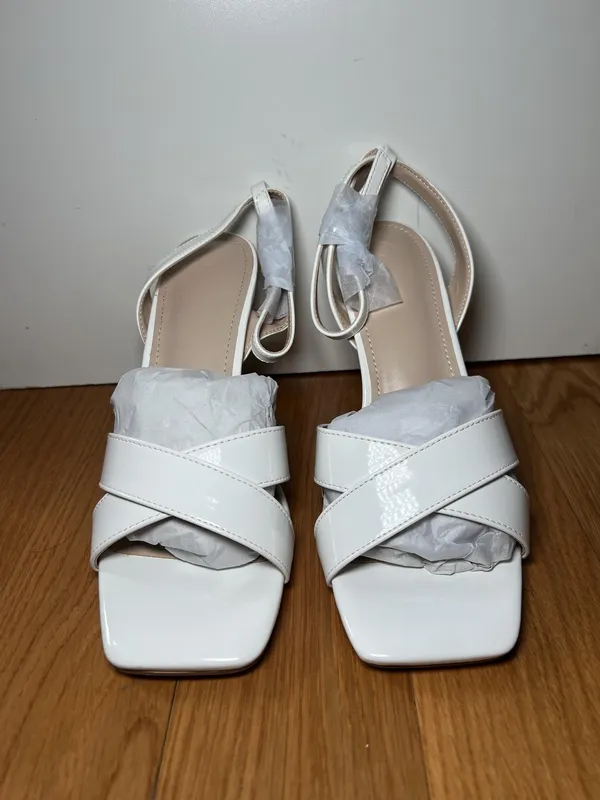 Ownmeen Sandals Womens Size 6.5 White Slingback Square Toe Stiletto Dress Shoes - Image 3