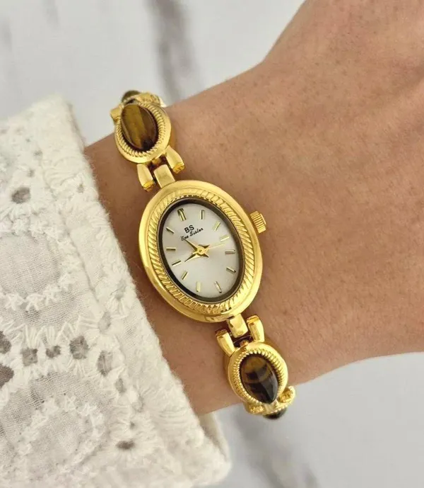 Vintage Style New Gold Plates Brown Stone Tiger Eye Stone Luxury Watch - Image 7