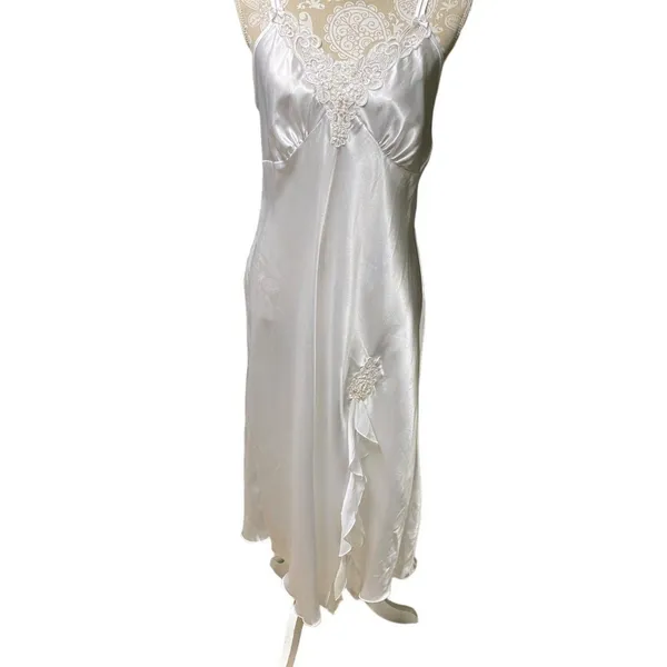 Vtg White Satin Lace Maxi Slip Dress L Bridal Nightgown Beaded Deadstock NWT - Image 3
