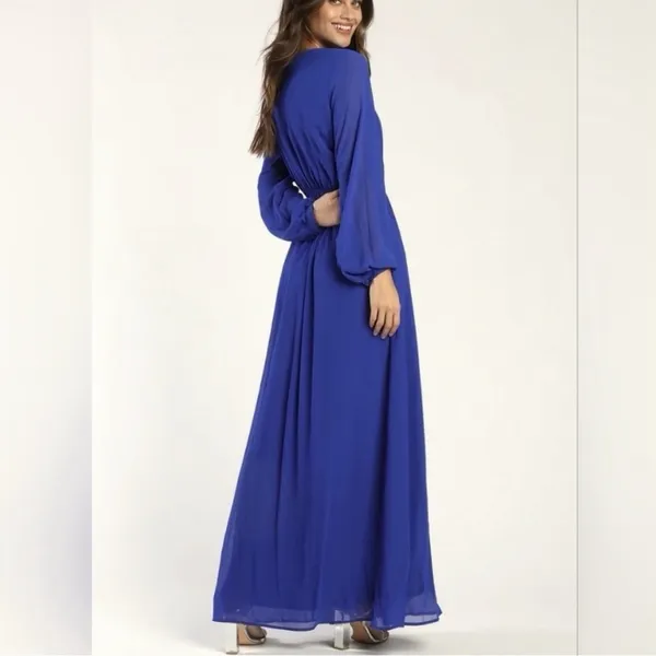 NWT Lulus Wondrous Water Lilies Royal‎ Blue Long Sleeve Slit Maxi Dress LARGE - Image 3
