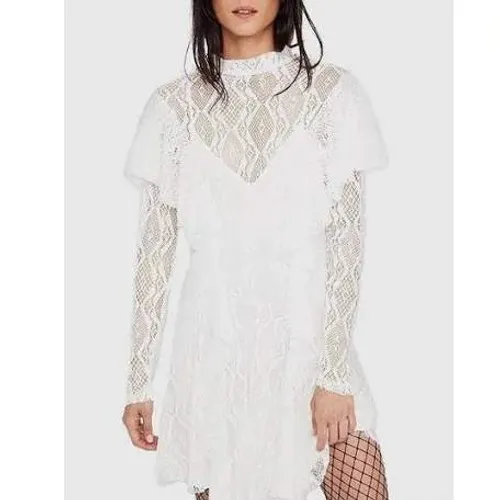 Free People Dress Womens Medium Ivory white‎ rock candy Lace Mock Neck Mini - Image 3