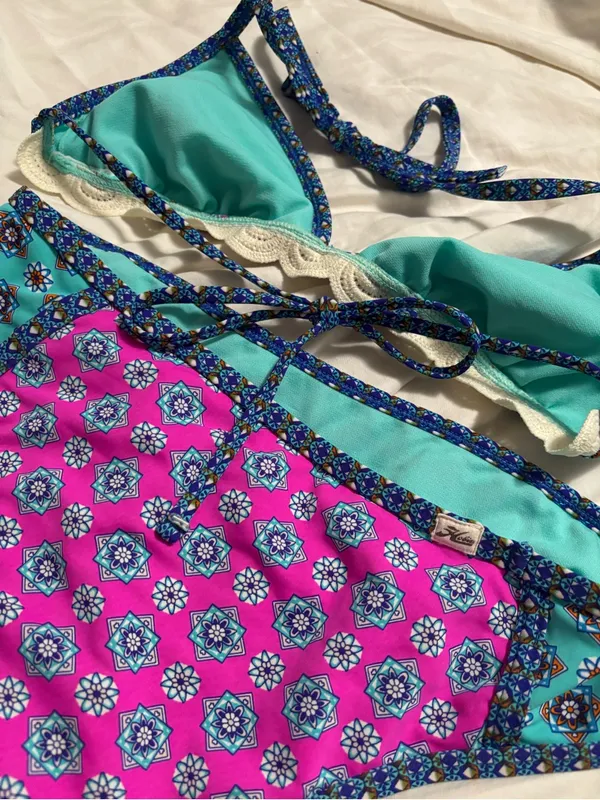 Pink Turquoise Blue Geometric Crochet Trim Triangle Bikini Set Size M Boho Y2K - Image 3