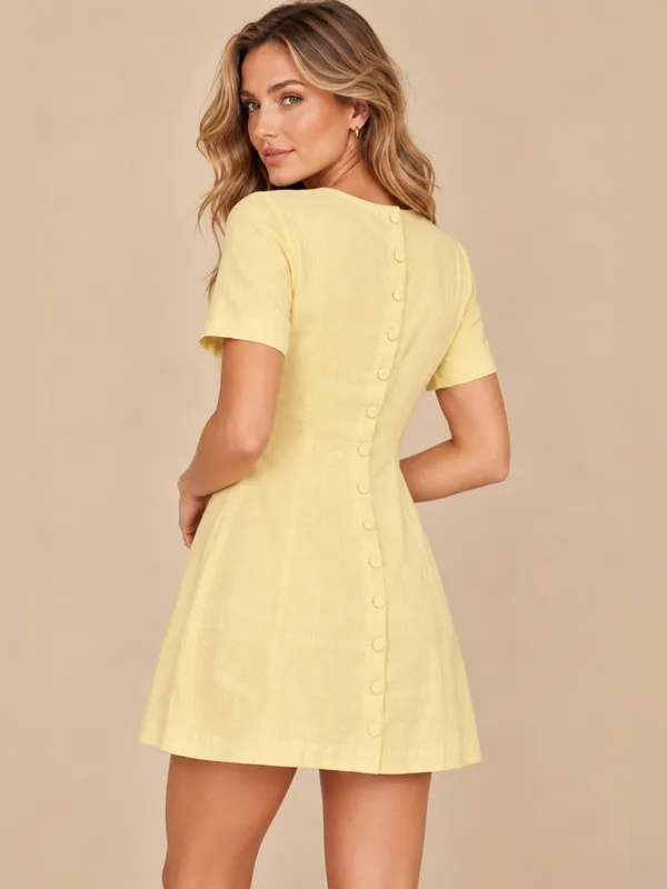 A&F Butter Yellow Linen Cotton Blend Button Back Detail Mini A-Line Sheath Dress - Image 3