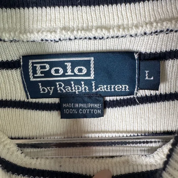 Polo Ralph Lauren Cotton Turtleneck‎ Sweater Womens Large Navy Ivory Stripe - Image 4