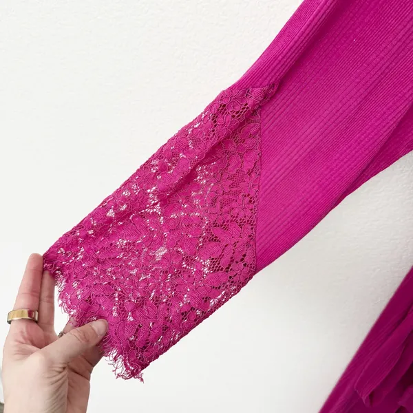 [Anthropologie] Magenta Pink Ilia Lace Sleeve Belted Wrap Robe Size Large L/XL - Image 9
