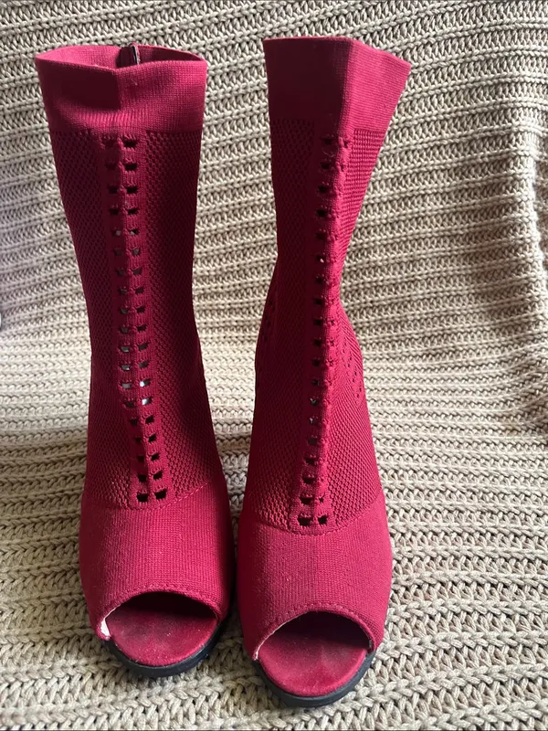 Hot Kiss Wine Red Knit Peep-Toe Sock Boots - Image 2