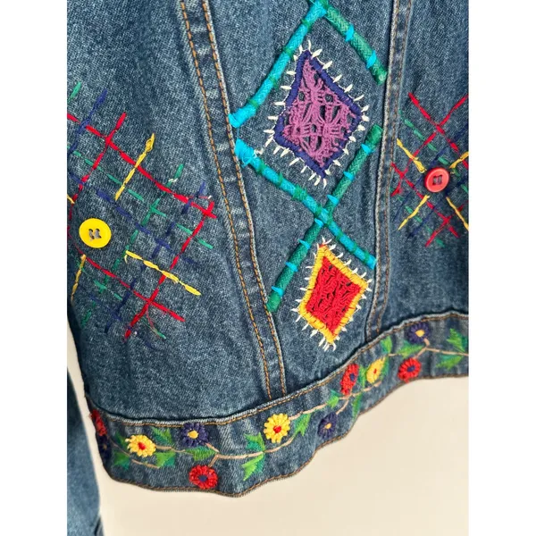New Directions Vintage 90s Embroidered Denim Jacket Boho Floral 1X - Image 6