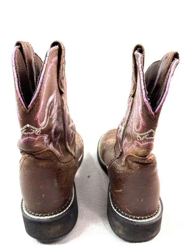 Justin Boots 7.5 Brown Leather Women's Western Heeled Boots with Pink Stitching - Image 5