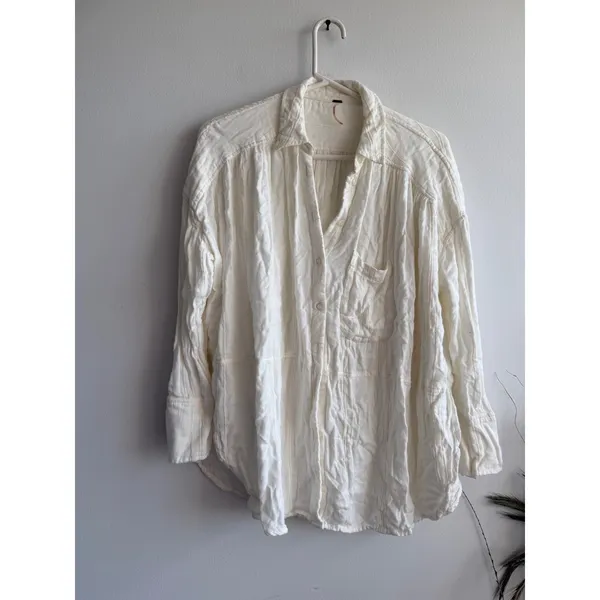Free People Womens Ivory Rayon Cotton Gauze Oversized Button‎ Down Shirt XS 3332 - Image 2
