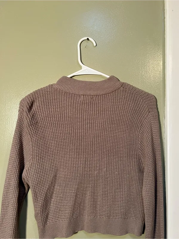 Garage Women’s Sz Large Mock Neck Sweater Cropped Light Brown Waffle Knit Cotton - Image 6