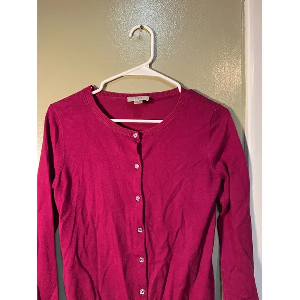 Loft Women's Sz XS Cardigan Sweater Crewneck Magenta Pink Jeweled Buttons Cotton - Image 4