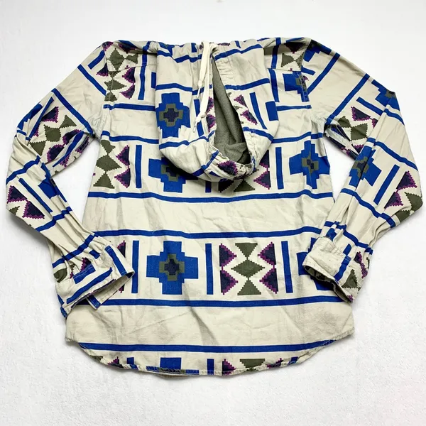Modern Amusement Southwestern Hooded‎ Flannel Shirt Womens Sz S Beige Blue Aztec - Image 6