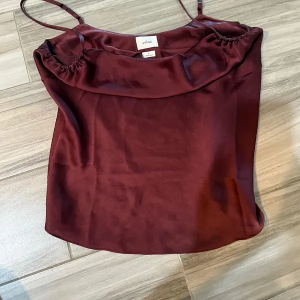 Aritzia Wilfred Allusion Burgundy Wine Satin Draped Front Top Small - Image 5