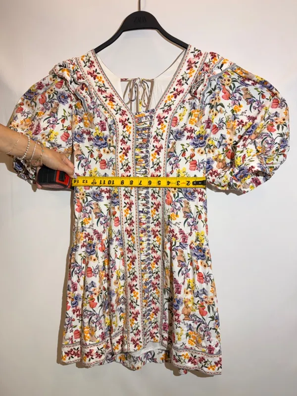 Farm Rio Greek Garden Floral Linen Blend Ruffle Tie Back Mini Dress Size M - Image 8