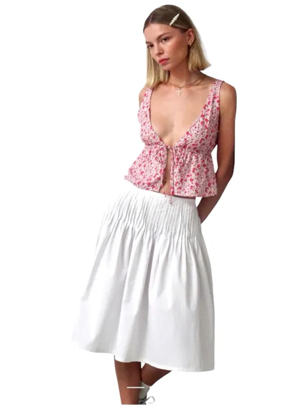 Motel Rocks Asada Pleated Waist Midi Skirt In Poplin White Size Medium NWT - Image 3