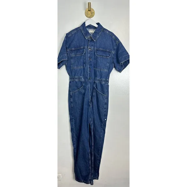 FREE PEOPLE Marci Denim Jumpsuit in Wash Sapphire Blue Size Large - Image 4